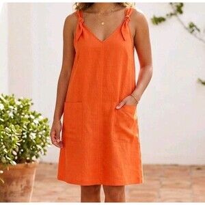 ​52seven Orange Linen  Rayon Blend Tie-Strap Shift Dress with Pockets Sz L​ Boho